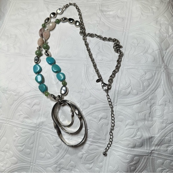 Chico's Blue and Silver Geometric Necklace Statement long Dangle pendant 0776 P - Picture 9 of 13